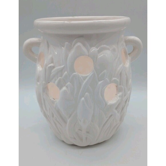 Vtg Spring Bulb Planter Crocus Handled Porcelain White - Picture 1 of 7
